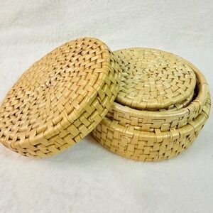Woven 4" Straw Coaster Set with Lidded Storage Basket 6 Piece Natural Boho Decor